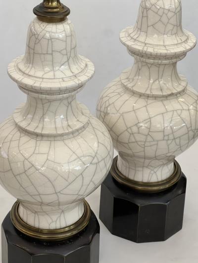  Stiffel Lamp Company Pair 1960s Stiffel Asian Inspired Ivory Crackle glaze Ginger Jar Lamps
