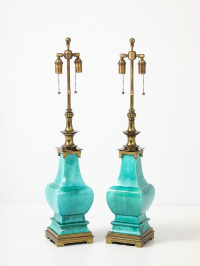  Stiffel Lamp Company Pair of 1960s Jade Green Ceramic Pagoda Lamps by Stiffel Lamp company
