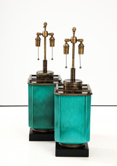  Stiffel Lamp Company Pair of 1960s Large Ceramic Lamps With a Jade Crackle Glaze Finish by Stiffel 