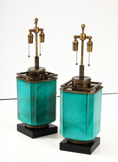  Stiffel Lamp Company Pair of 1960s Large Ceramic Lamps With a Jade Crackle Glaze Finish by Stiffel 