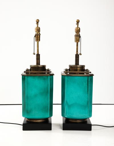  Stiffel Lamp Company Pair of 1960s Large Ceramic Lamps With a Jade Crackle Glaze Finish by Stiffel 