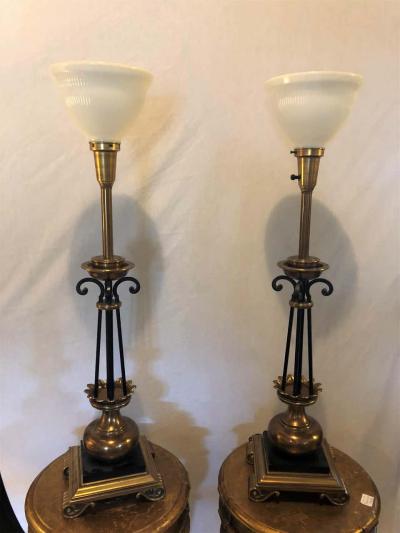  Stiffel Lamp Company Pair of Hollywood Regency Stiffel Co Brass and Ebonized Column Form Table Lamp