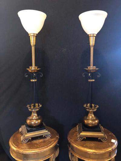 Stiffel Lamp Company Pair of Hollywood Regency Stiffel Co Brass and Ebonized Column Form Table Lamp