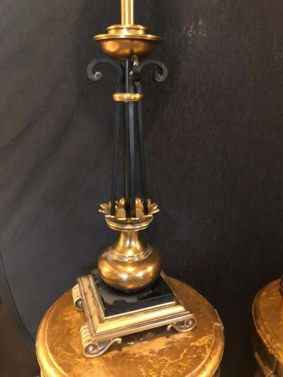  Stiffel Lamp Company Pair of Hollywood Regency Stiffel Co Brass and Ebonized Column Form Table Lamp