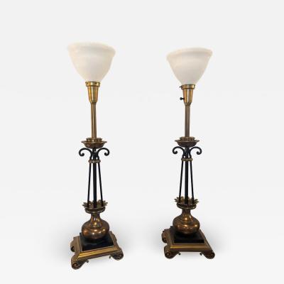  Stiffel Lamp Company Pair of Hollywood Regency Stiffel Co Brass and Ebonized Column Form Table Lamp