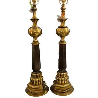  Stiffel Lamp Company Pair of Mid Century Modern Stiffel Brass Gold Black Table Lamps