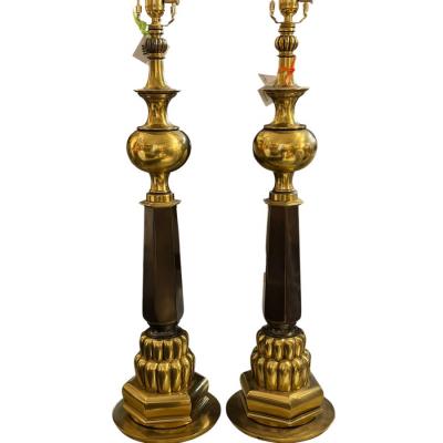 Stiffel Lamp Company Pair of Mid Century Modern Stiffel Brass Gold Black Table Lamps