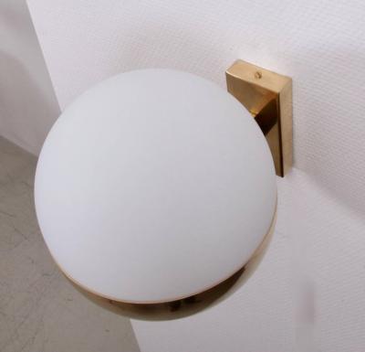  Stilnovo 1 of 8 Brass and Satinized Glass Wall Lamps or Sconces in the manner of Stilnovo