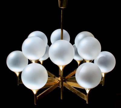  Stilnovo 12 Glass Globes Brass Chandelier 1960s 1970s