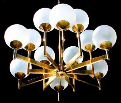  Stilnovo 12 Glass Globes Brass Chandelier 1960s 1970s