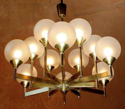  Stilnovo 12 Glass Globes Brass Chandelier 1960s 1970s