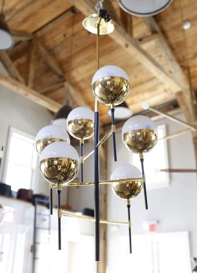  Stilnovo 1950S LIGHT FIXTURE IN THE STYLE OF STILNOVO WITH BRASS AND SIX GLASS GLOBES