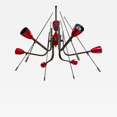  Stilnovo 1950s Atomic Age Solid Brass Red Chandelier Stilnovo Italy