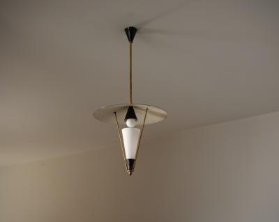  Stilnovo 1950s Italian Brass Black Enamel Pendant Lamp Attributed to Stilnovo