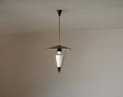  Stilnovo 1950s Italian Brass Black Enamel Pendant Lamp Attributed to Stilnovo