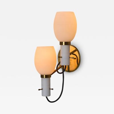  Stilnovo 1950s Italian Brass and Opaline Glass Double Sconce in the Manner of Stilnovo