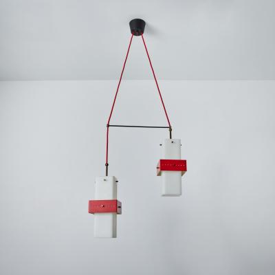  Stilnovo 1950s Stilnovo Red Metal Opaline Glass Suspension Lamp