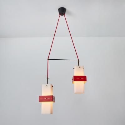  Stilnovo 1950s Stilnovo Red Metal Opaline Glass Suspension Lamp