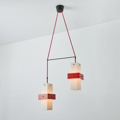 Stilnovo 1950s Stilnovo Red Metal Opaline Glass Suspension Lamp