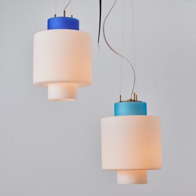  Stilnovo 1950s Stilnovo Two Pendant Blue and White Opaline Glass Suspension Lamp
