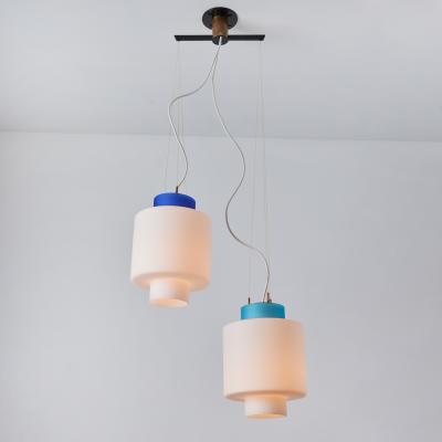  Stilnovo 1950s Stilnovo Two Pendant Blue and White Opaline Glass Suspension Lamp