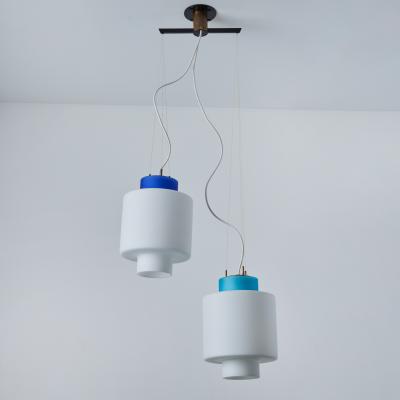  Stilnovo 1950s Stilnovo Two Pendant Blue and White Opaline Glass Suspension Lamp