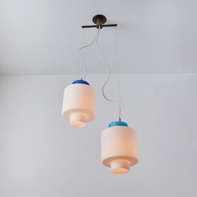  Stilnovo 1950s Stilnovo Two Pendant Blue and White Opaline Glass Suspension Lamp