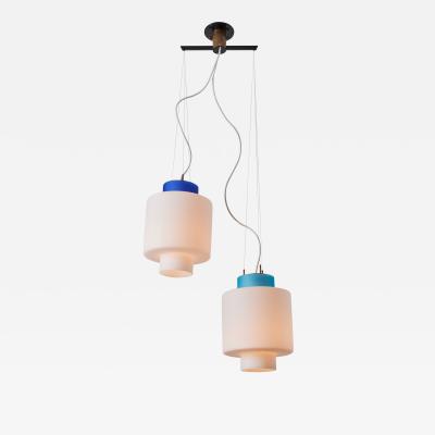  Stilnovo 1950s Stilnovo Two Pendant Blue and White Opaline Glass Suspension Lamp