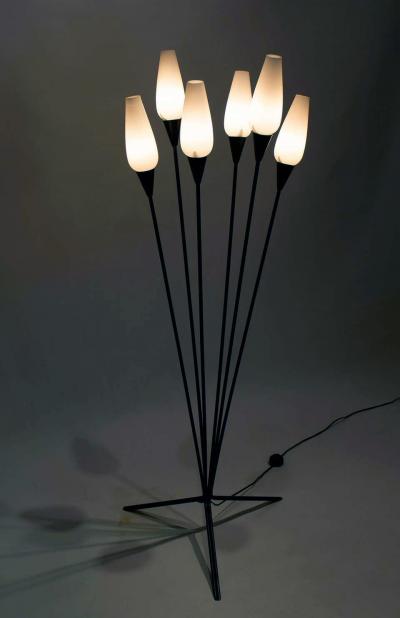  Stilnovo 1960s Stilnovo Tripod Floor Lamp with Frosted Hand Blown Cased Glass Shades