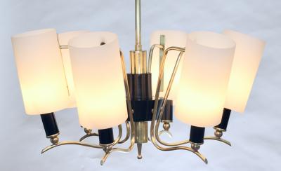  Stilnovo Brass Chandelier with 6 White Glass Shades by Stilnovo 1960 Italy