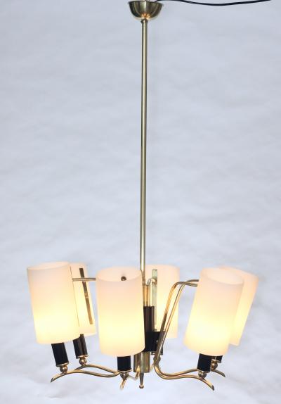  Stilnovo Brass Chandelier with 6 White Glass Shades by Stilnovo 1960 Italy