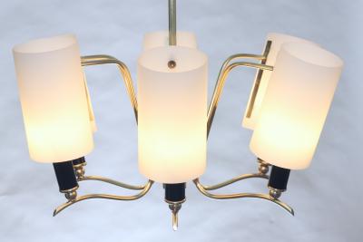  Stilnovo Brass Chandelier with 6 White Glass Shades by Stilnovo 1960 Italy
