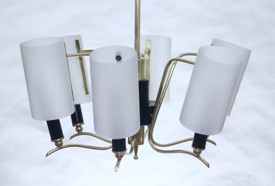  Stilnovo Brass Chandelier with 6 White Glass Shades by Stilnovo 1960 Italy