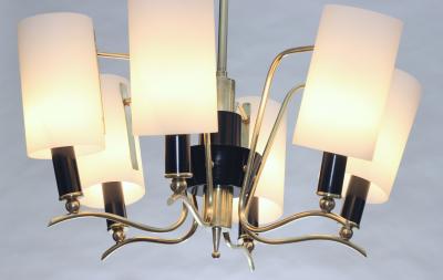  Stilnovo Brass Chandelier with 6 White Glass Shades by Stilnovo 1960 Italy