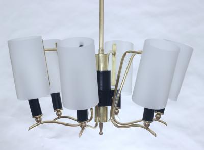  Stilnovo Brass Chandelier with 6 White Glass Shades by Stilnovo 1960 Italy