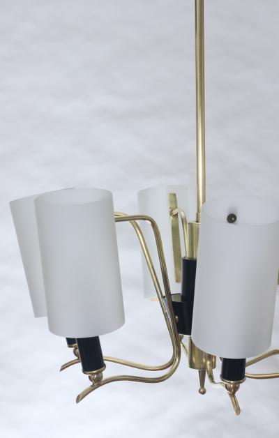  Stilnovo Brass Chandelier with 6 White Glass Shades by Stilnovo 1960 Italy