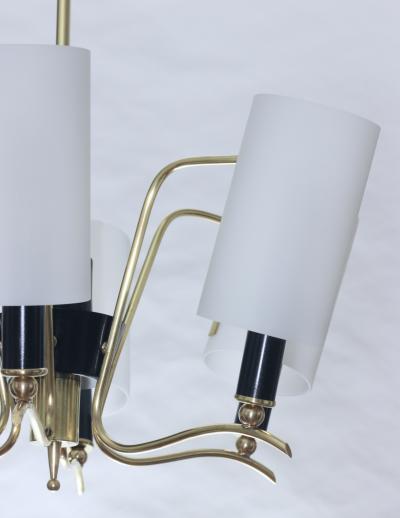  Stilnovo Brass Chandelier with 6 White Glass Shades by Stilnovo 1960 Italy