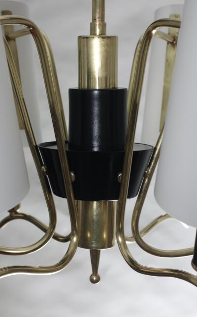  Stilnovo Brass Chandelier with 6 White Glass Shades by Stilnovo 1960 Italy