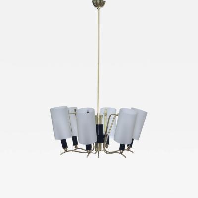  Stilnovo Brass Chandelier with 6 White Glass Shades by Stilnovo 1960 Italy