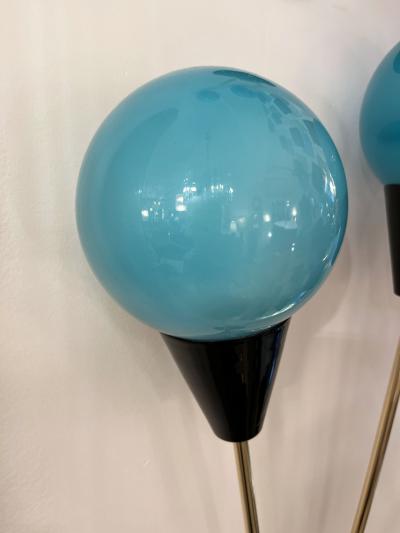  Stilnovo Contemporary Italian Pair of Two Globe Turquoise Blue Murano Glass Brass Sconces