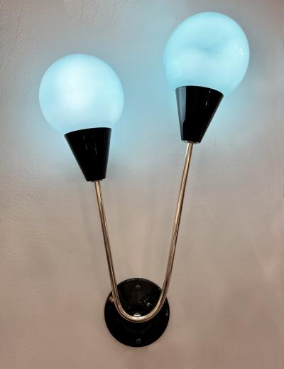  Stilnovo Contemporary Italian Pair of Two Globe Turquoise Blue Murano Glass Brass Sconces