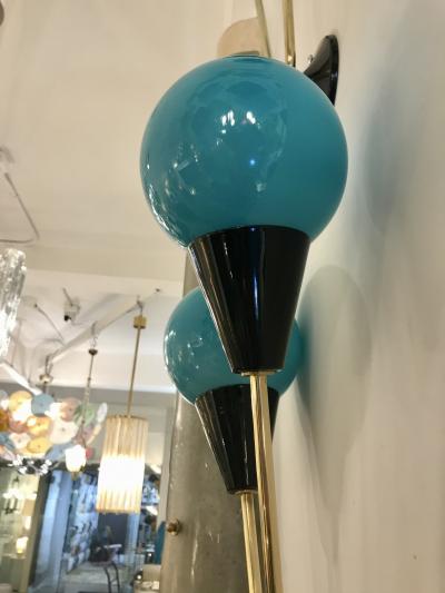  Stilnovo Contemporary Italian Pair of Two Globe Turquoise Blue Murano Glass Brass Sconces