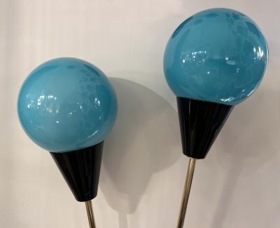  Stilnovo Contemporary Italian Pair of Two Globe Turquoise Blue Murano Glass Brass Sconces