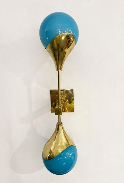  Stilnovo Contemporary Italian Pair of Two Globe Turquoise Murano Glass Brass Sconces