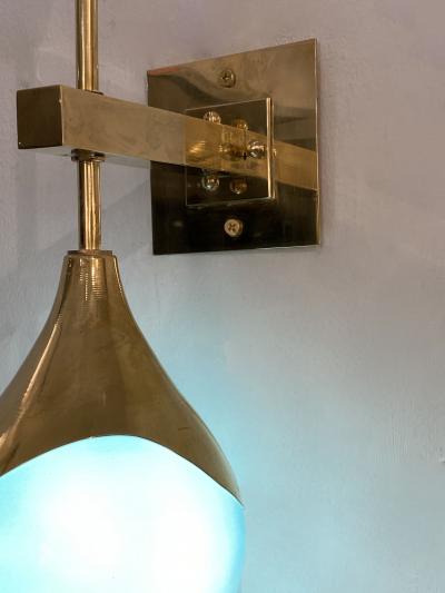  Stilnovo Contemporary Italian Pair of Two Globe Turquoise Murano Glass Brass Sconces