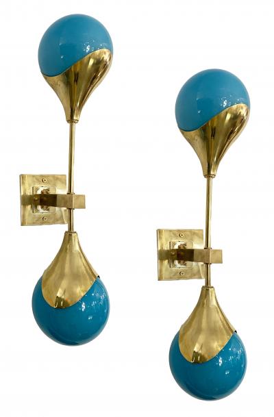  Stilnovo Contemporary Italian Pair of Two Globe Turquoise Murano Glass Brass Sconces