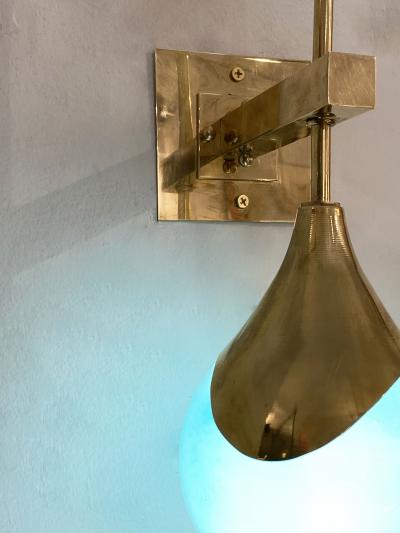  Stilnovo Contemporary Italian Pair of Two Globe Turquoise Murano Glass Brass Sconces
