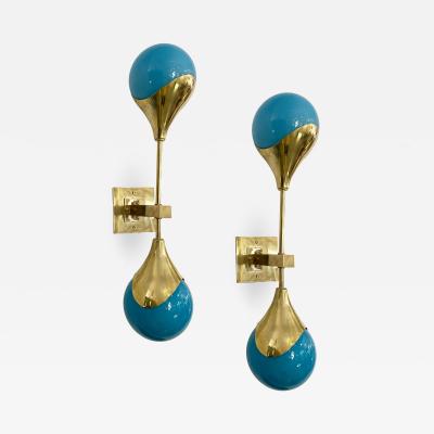  Stilnovo Contemporary Italian Pair of Two Globe Turquoise Murano Glass Brass Sconces