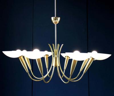  Stilnovo Elegant Brass and Art Glass Chandelier Italy 1950s