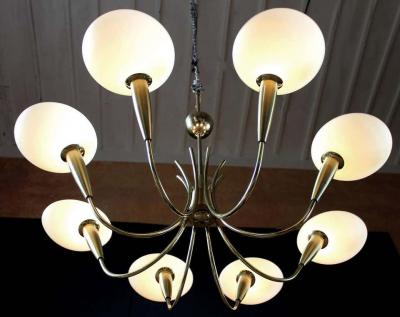  Stilnovo Elegant Brass and Art Glass Chandelier Italy 1950s
